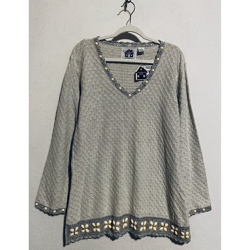 Storybook Knits Sweater Womens 1X Gray Pointelle V Neck Crochet Trim Beaded Boho